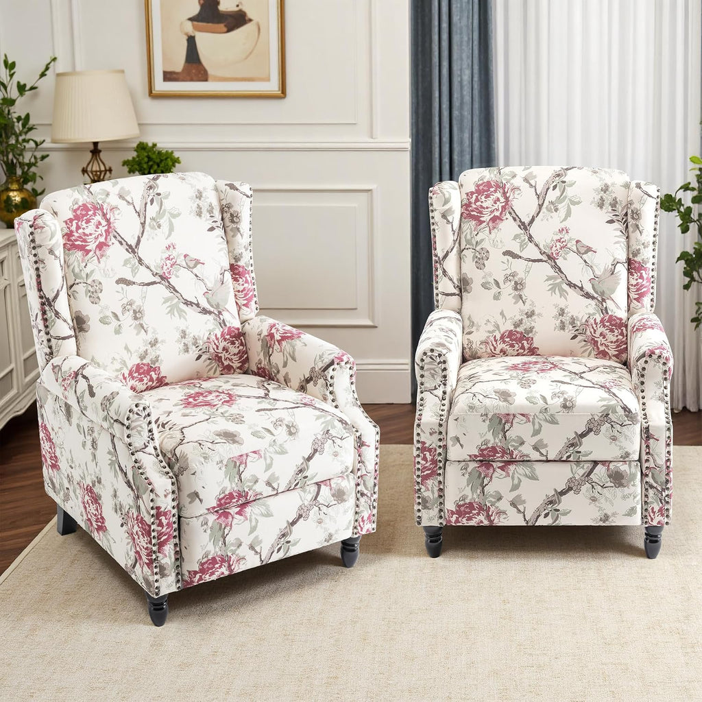 Pushback Recliner Chair, Floral Fabric Wingback Recliner Chair, Upholstered Rivet Trim Armchair Push Back Recliner Accent Chair for Living Room Small Spaces, Plants Floral
