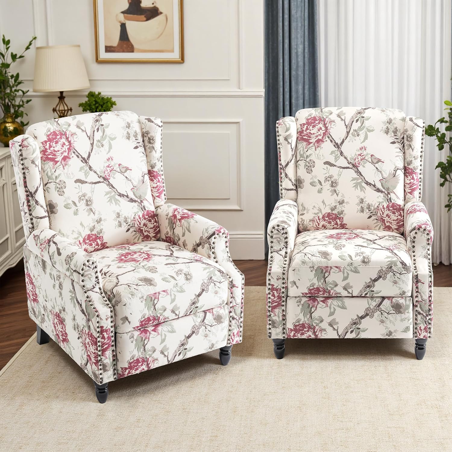 Pushback Recliner Chair, Floral Fabric Wingback Recliner Chair, Upholstered Rivet Trim Armchair Push Back Recliner Accent Chair for Living Room Small Spaces, Plants Floral