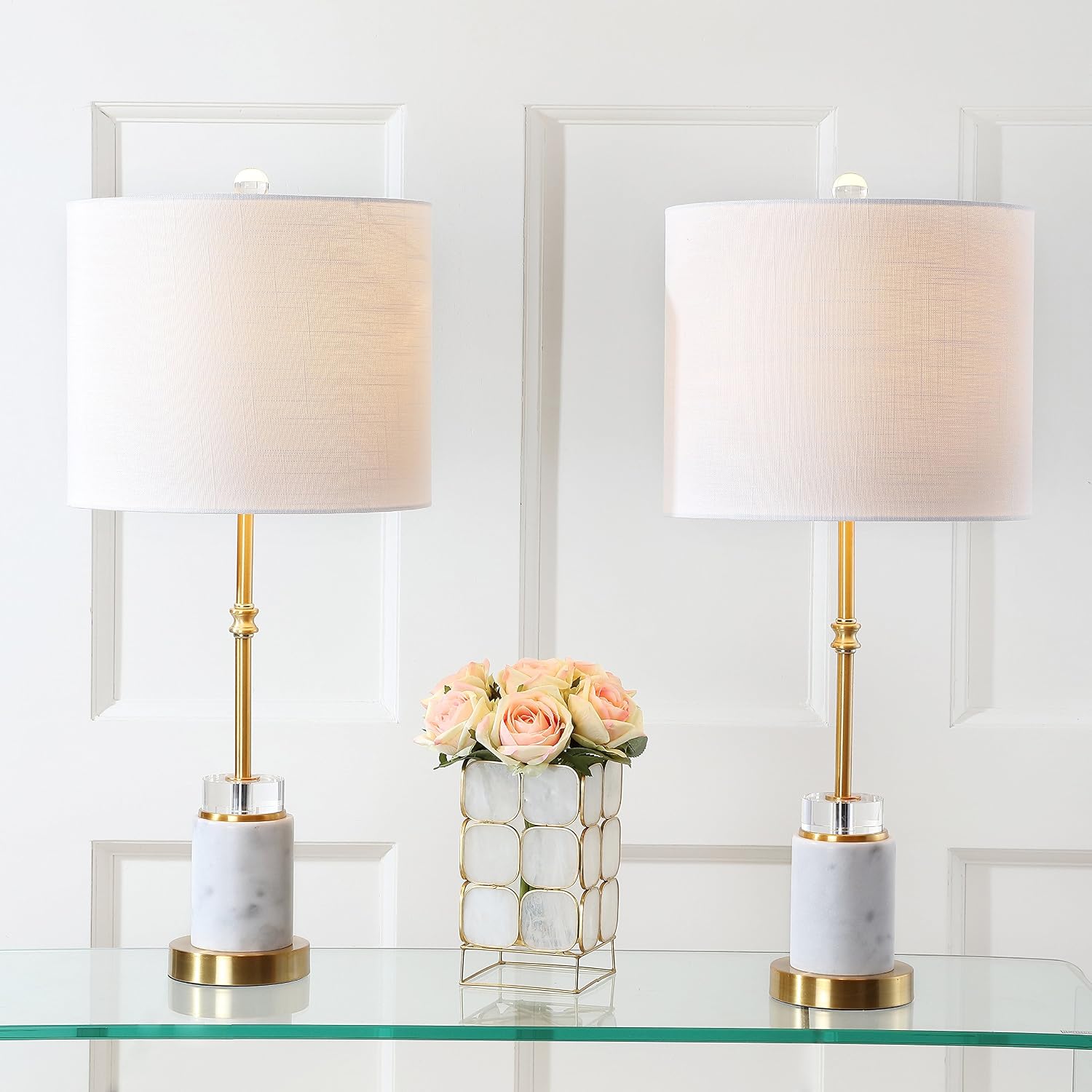 JONATHAN Y 27' Marble and Brass Gold Table Lamp Set of 2, Modern Glam Crystal Column Lamp with White Linen Drum Shade for Living Room Bedroom, LED Bulbs Included JYL5003A-SET2