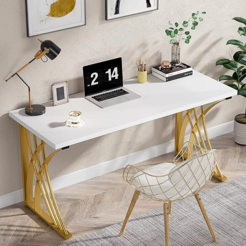 LITTLE TREE 55'' Large Modern Computer Desk, White & Gold Luxury Laptop PC Student Table, Makeup Vanity Table with Thick Frame & Strong Legs, Sturdy Writing Workstation for Home & Office