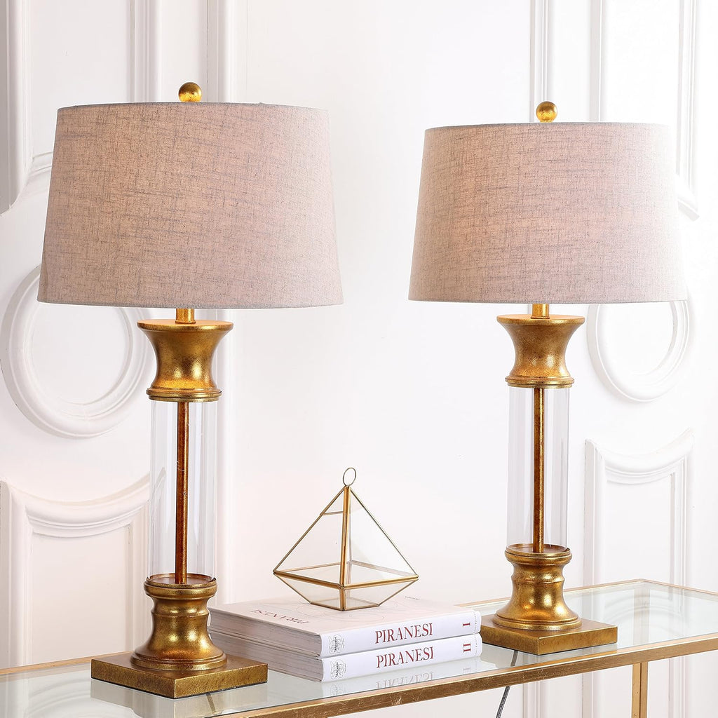 JONATHAN Y 32' Gold/Clear Glass Table Lamp Set of 2 for Living Room, Rustic Farmhouse Bedside Nightstand Lamps with Gray Linen Drum Shade, LED Bulbs Included (JYL4000B-SET2)