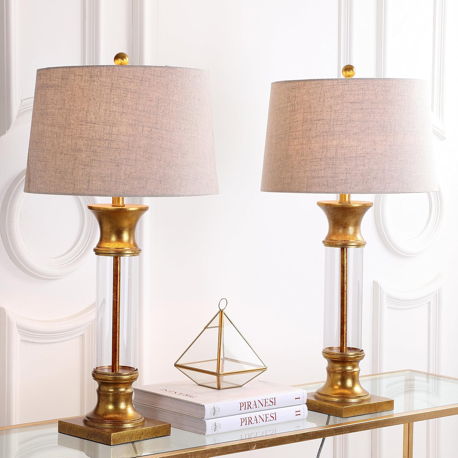 JONATHAN Y 32' Gold/Clear Glass Table Lamp Set of 2 for Living Room, Rustic Farmhouse Bedside Nightstand Lamps with Gray Linen Drum Shade, LED Bulbs Included (JYL4000B-SET2)