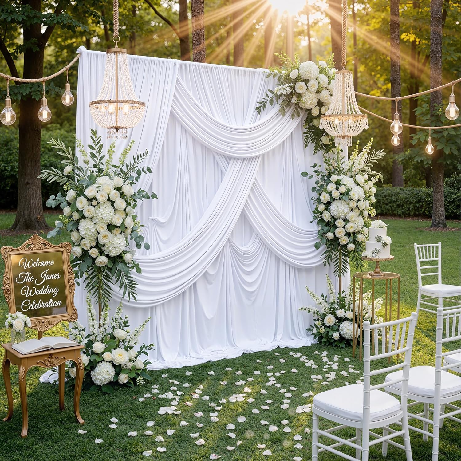 50ft×10ft Wrinkle Free White Backdrop Curtain for Parties, 10 Panels 5×10ft Polyester Photo Backdrop Drapes Wedding Back Drop Cloth for Birthday Baby Shower Photography Background Curtains
