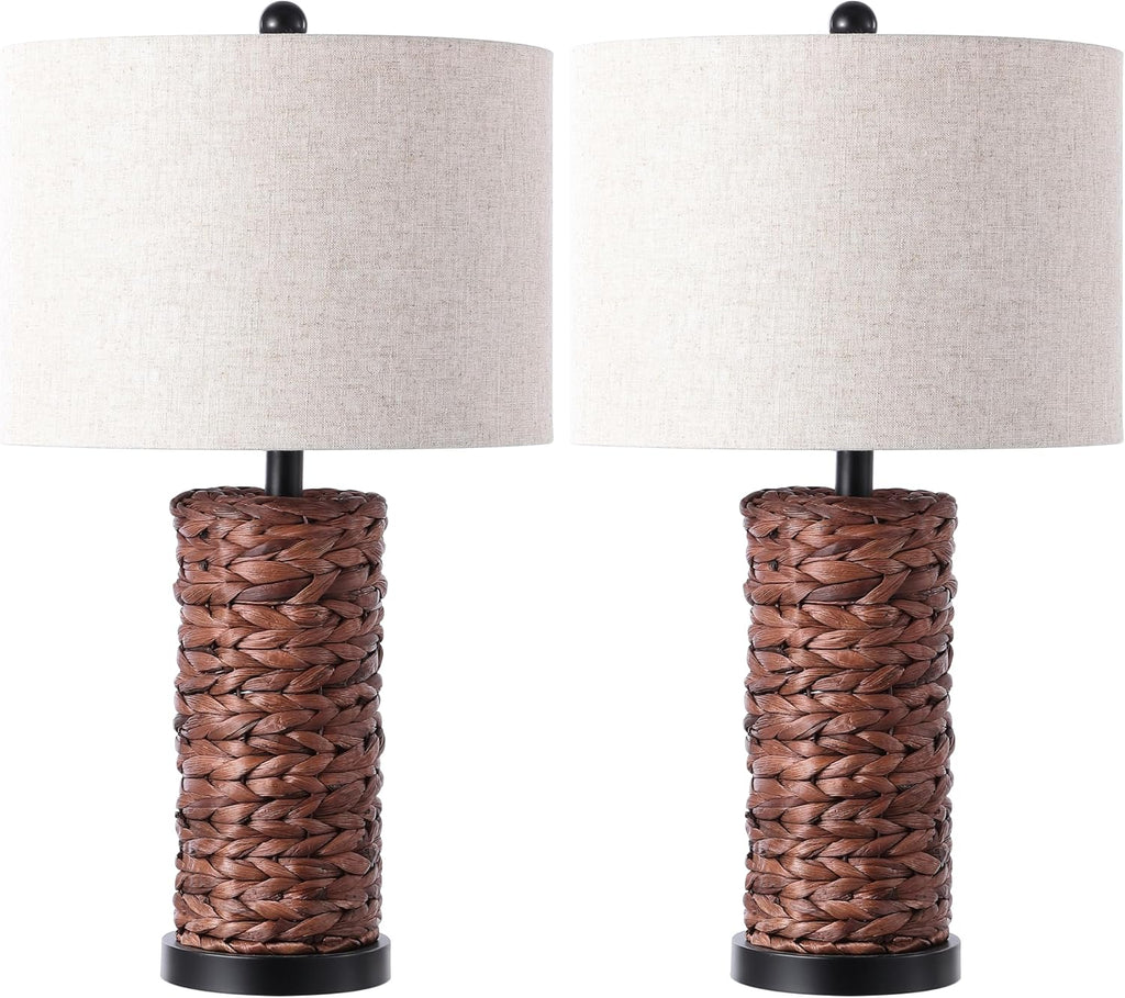JONATHAN Y 25' Dark Brown Coastal Water Hyacinth Table Lamp Set of 2, Bedside Lamp with Light Grey Linen Shade, Boho Farmhouse Decor for Living Room Nightstand, LED Bulbs (JYL6502B-SET2)
