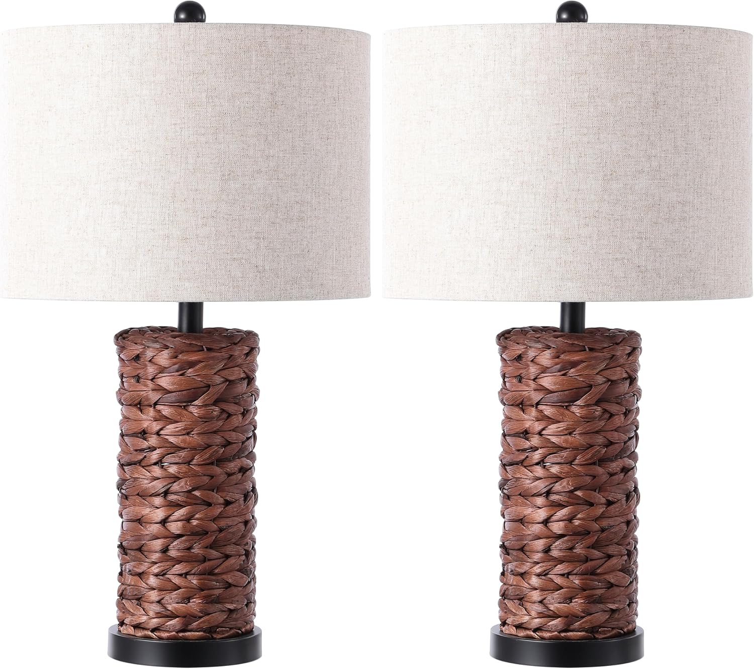 JONATHAN Y 25' Dark Brown Coastal Water Hyacinth Table Lamp Set of 2, Bedside Lamp with Light Grey Linen Shade, Boho Farmhouse Decor for Living Room Nightstand, LED Bulbs (JYL6502B-SET2)