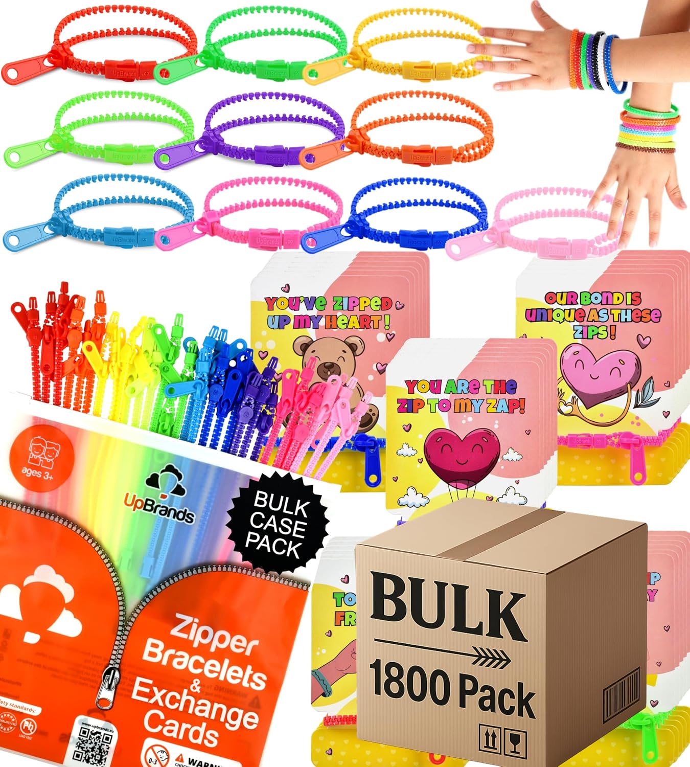 UpBrands Case Pack of 1800 Valentine's Day Cards with Unicolor Fidget Zipper Bracelets Per Box – Bulk Gifts for Schools, Charities, and Businesses