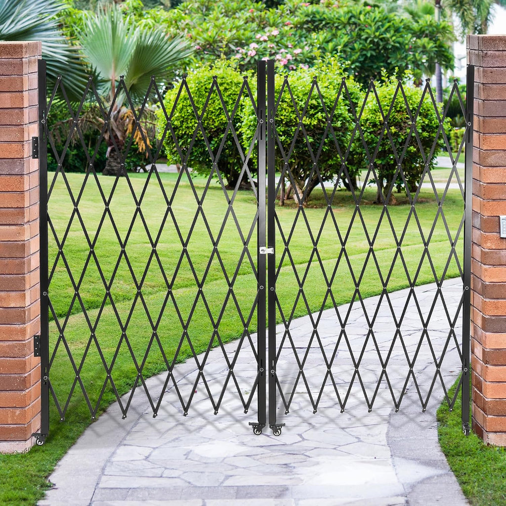 61' H x 122' W Folding Security Gate, Heavy Duty Steel Expandable Barrier Bi-fold Door with 360° Swivel Casters & Key Lock, Retractable Rolling Scissor Gate for Garage Driveway Warehouse, Black