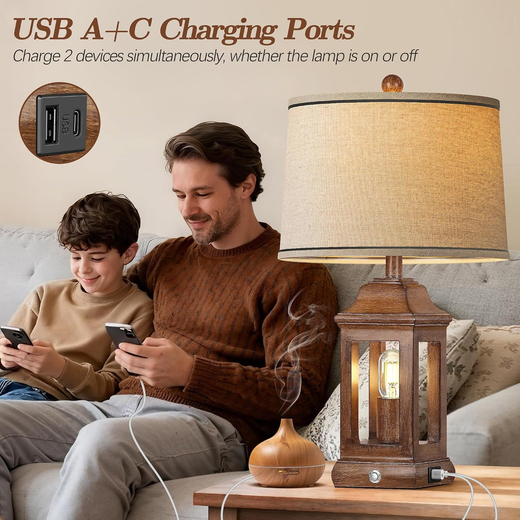 24' Rustic Farmhouse Table Lamps for Living Room Set of 2, Touch Dimmable Nightlight Vintage Bedside Lamps with USB A+C Ports & Dual Light Sources for Bedroom Nightstand End Table, Wood Grain