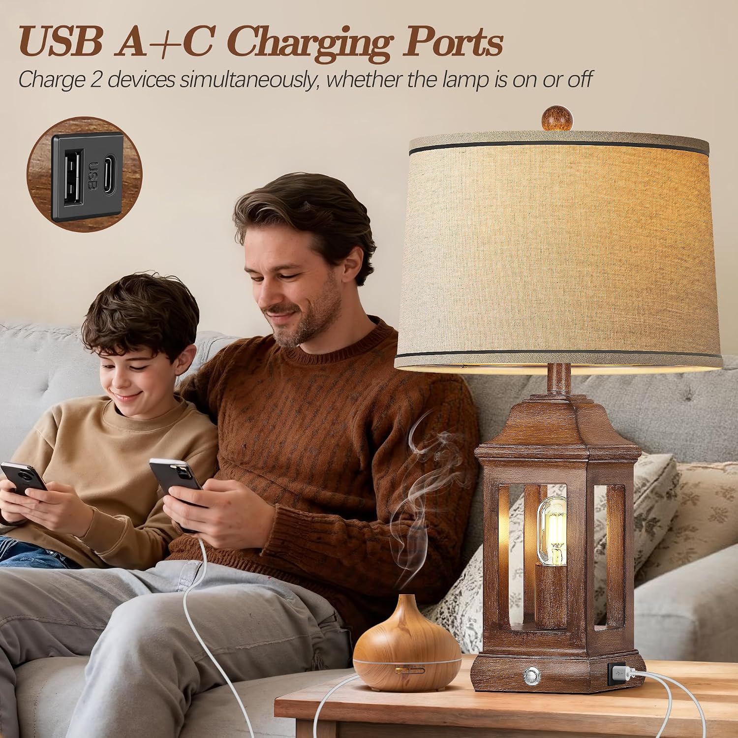 24' Rustic Farmhouse Table Lamps for Living Room Set of 2, Touch Dimmable Nightlight Vintage Bedside Lamps with USB A+C Ports & Dual Light Sources for Bedroom Nightstand End Table, Wood Grain