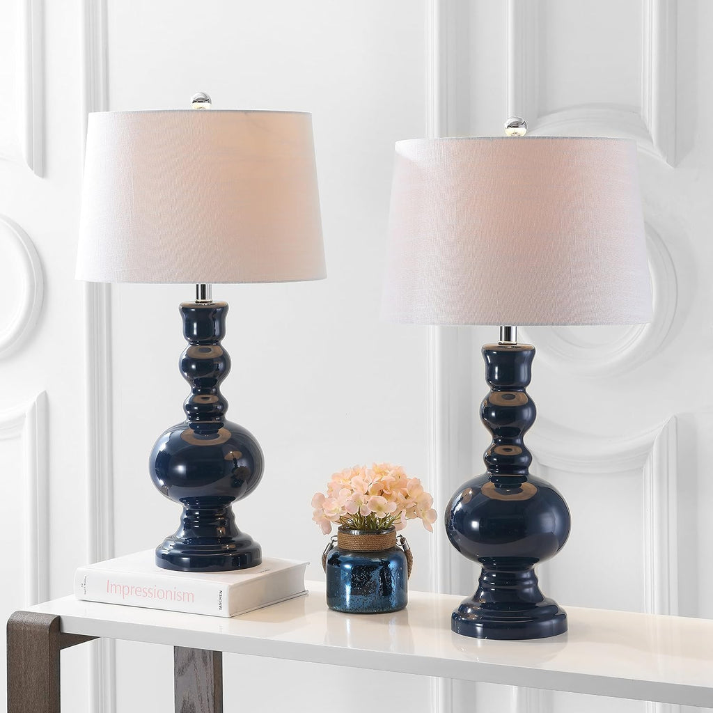 JONATHAN Y 28.5' Navy Glass Table Lamp Set of 2 for Living Room Bedroom Decor, Modern Bedside Lamps with White Linen Shade, LED Bulbs Included (JYL1061E-SET2)