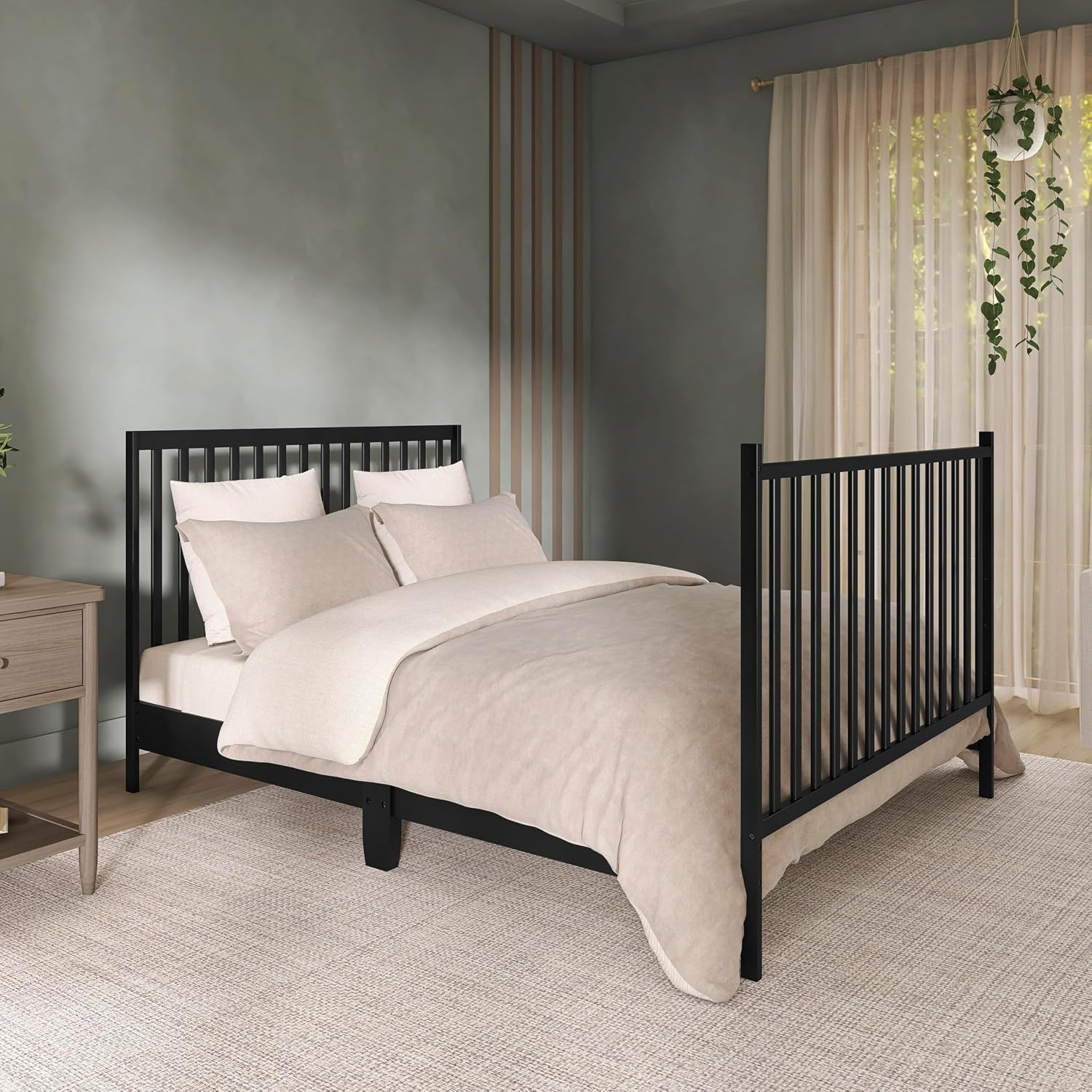 Dream On Me Synergy 5-in-1 Convertible Full-Size Baby Crib with Toddler, Day & Full Bed Conversion in Black, GreenGuard Gold & BSA, 3 Mattress Heights, Sustainable Pinewood