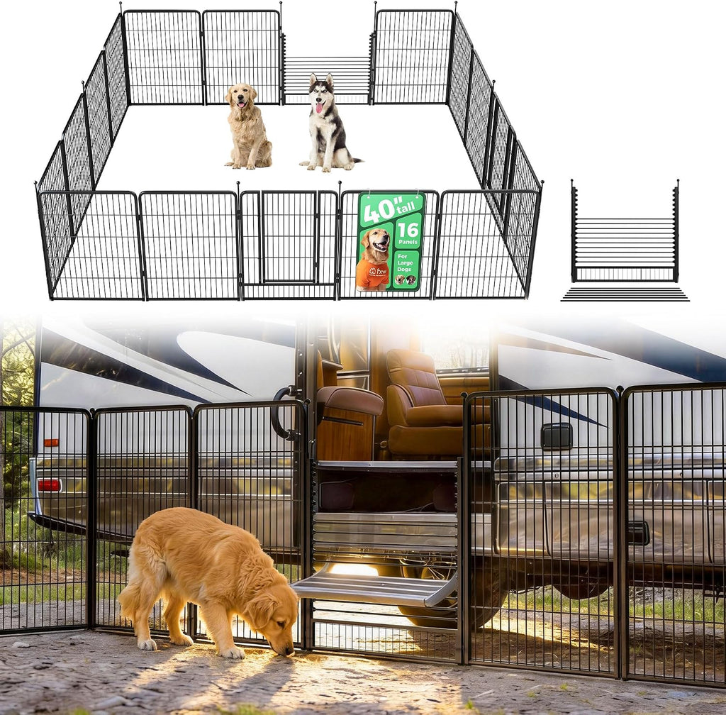 FXW Instant Unleashed Dog Playpen, Portable Pet Fence for Outdoor, RV Trips, and Camping, 40 inch, 16 Panels for Medium and Large Dogs with RV Step Grid│Patented