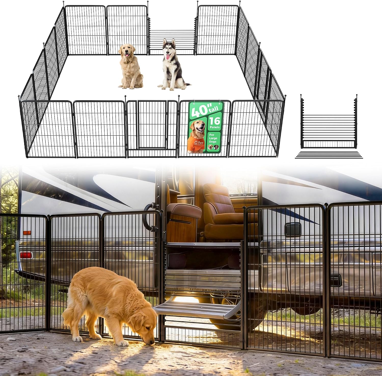 FXW Instant Unleashed Dog Playpen, Portable Pet Fence for Outdoor, RV Trips, and Camping, 40 inch, 16 Panels for Medium and Large Dogs with RV Step Grid│Patented