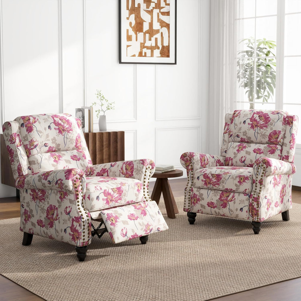 Floral Pushback Recliner Chairs Set of 2, Fabric Overstuffed Armchair Push Back Accent Chair for Living Room, Rivet Trim Club Chair Home Theater Single Sofa Bedroom Reading Seat