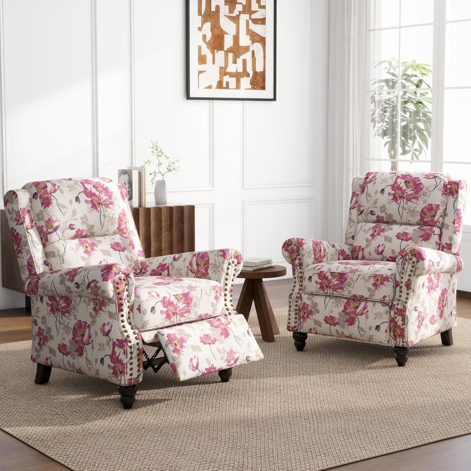 Floral Pushback Recliner Chairs Set of 2, Fabric Overstuffed Armchair Push Back Accent Chair for Living Room, Rivet Trim Club Chair Home Theater Single Sofa Bedroom Reading Seat