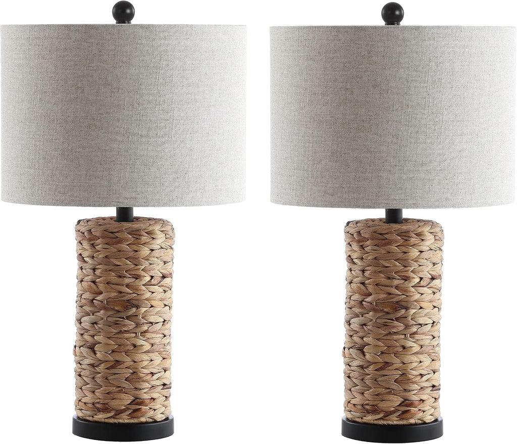 JONATHAN Y 25' Natural Coastal Water Hyacinth Table Lamp Set of 2, Bedside Lamp with Light Grey Linen Shade, Boho Farmhouse Decor for Living Room Nightstand, LED Bulbs JYL6502A-SET2