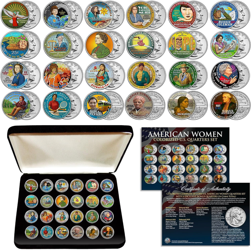 Colorized Complete 24-Coin U.S. American Women Quarters Collection – Includes All 20 Official Women Quarters (2022-2025) + 4 Exclusive Bonus Women Coins – Deluxe Display Box & Certificate
