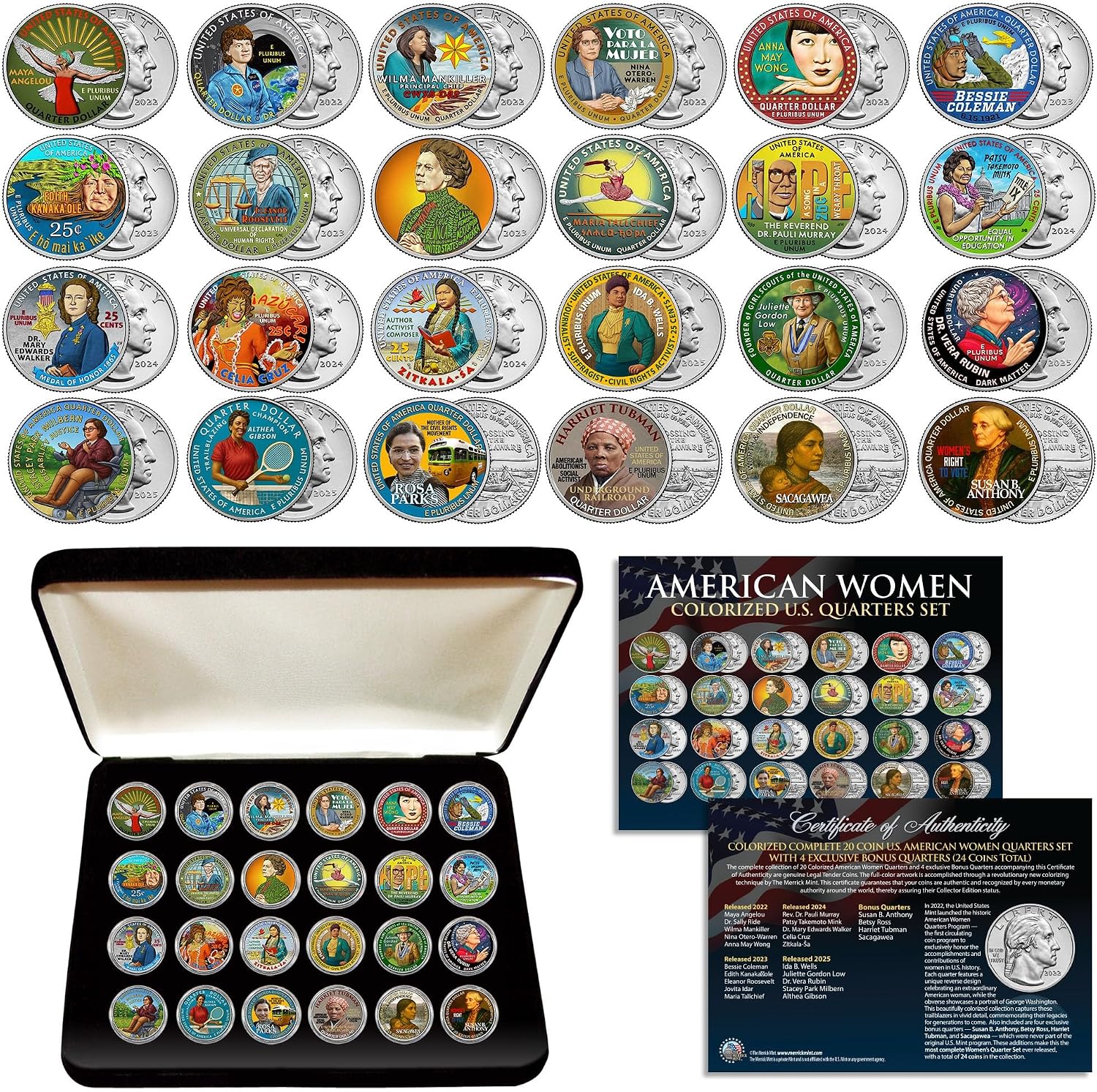 Colorized Complete 24-Coin U.S. American Women Quarters Collection – Includes All 20 Official Women Quarters (2022-2025) + 4 Exclusive Bonus Women Coins – Deluxe Display Box & Certificate