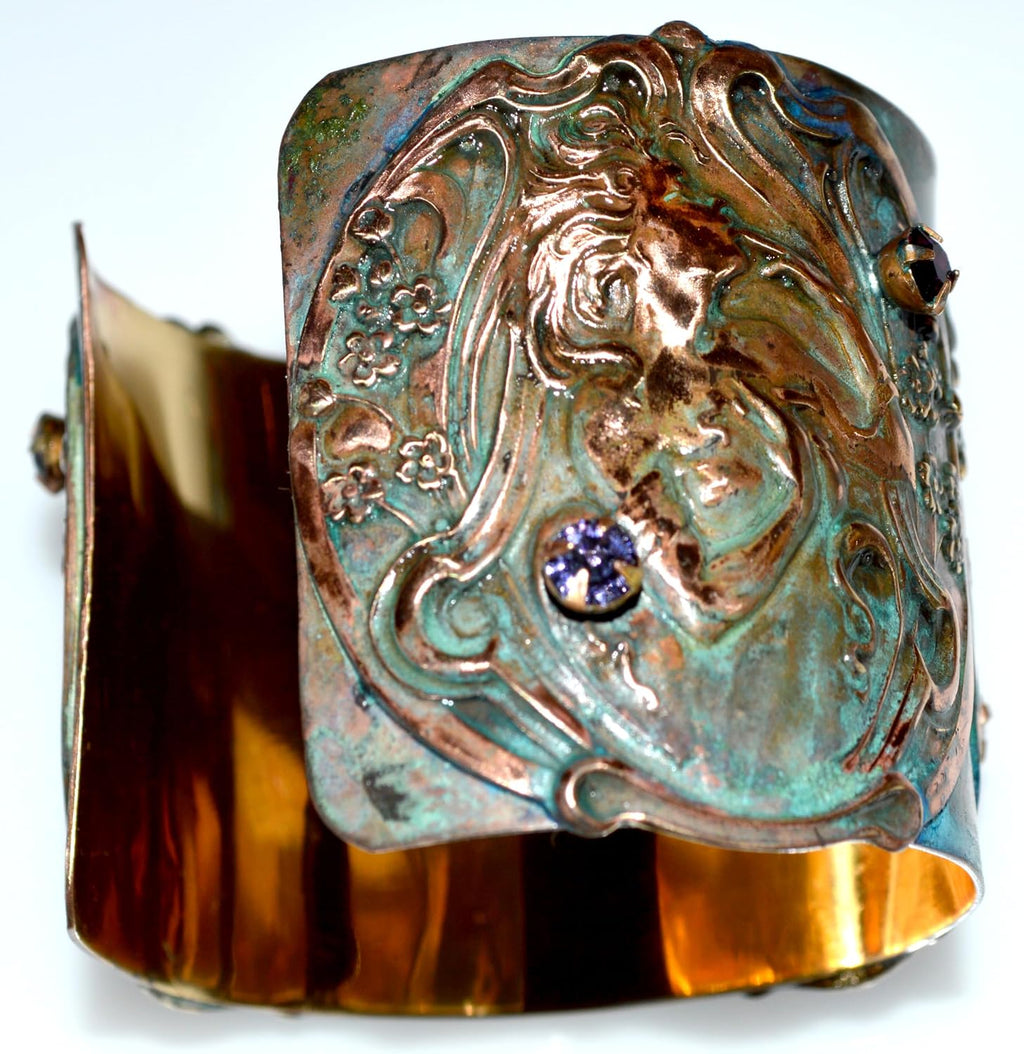 Elaine Coyne Collectible Artwear Patina Brass Art Nouveau Lady with Flowers Cuff Bracelet - European Crystals