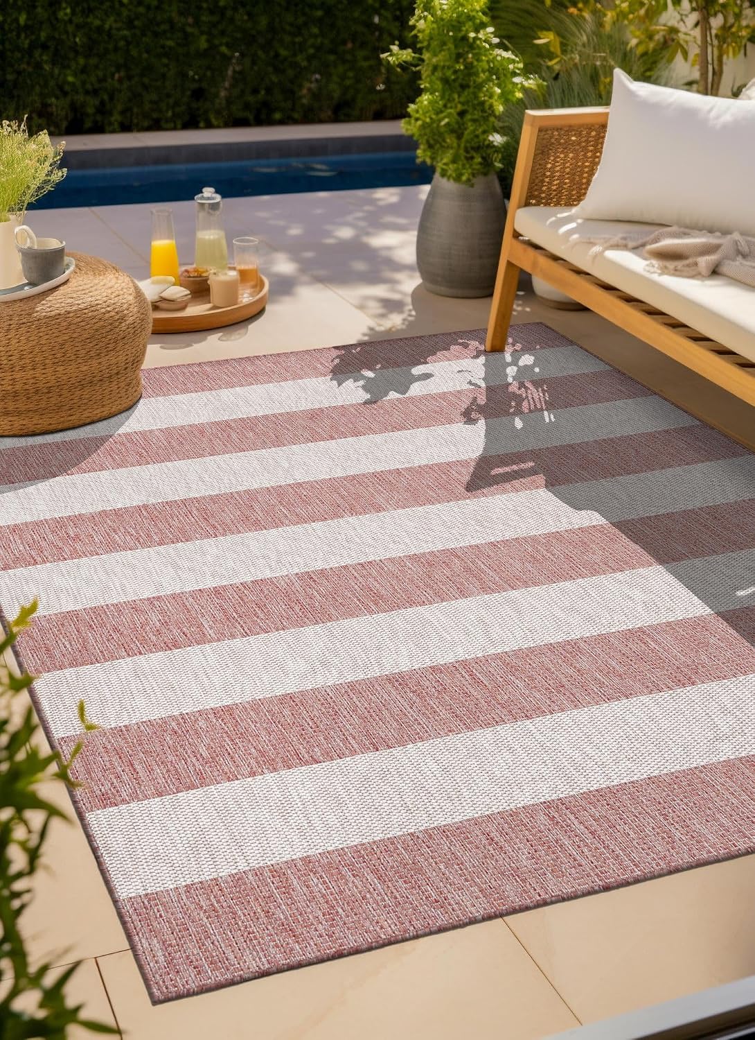 Unique Loom Outdoor Striped Collection Area Rug - Distressed Stripe (13' 1' Square Rust Red/Gray)