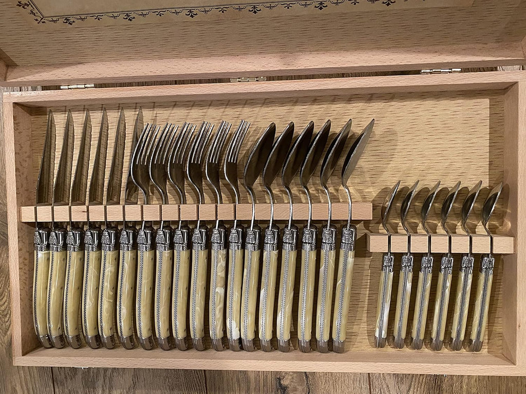 Set of 24 Flatware with Platine Pale Horn Handles, 6 Forks, 6 Knives, 6 Teaspoons and 6 Tablespoons. In Wooden Gift Box