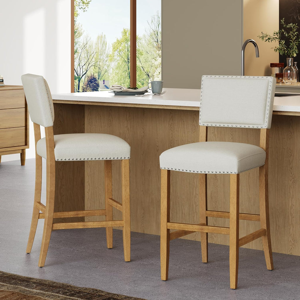 Christopher Knight Home Yorick Counter Height Bar Stools Set of 2, Fabric Upholstered Bar Stool for Kitchen Island, Wooden Dining Room Chair with Rivet Decor, Counter Stool with Footrest, Beige