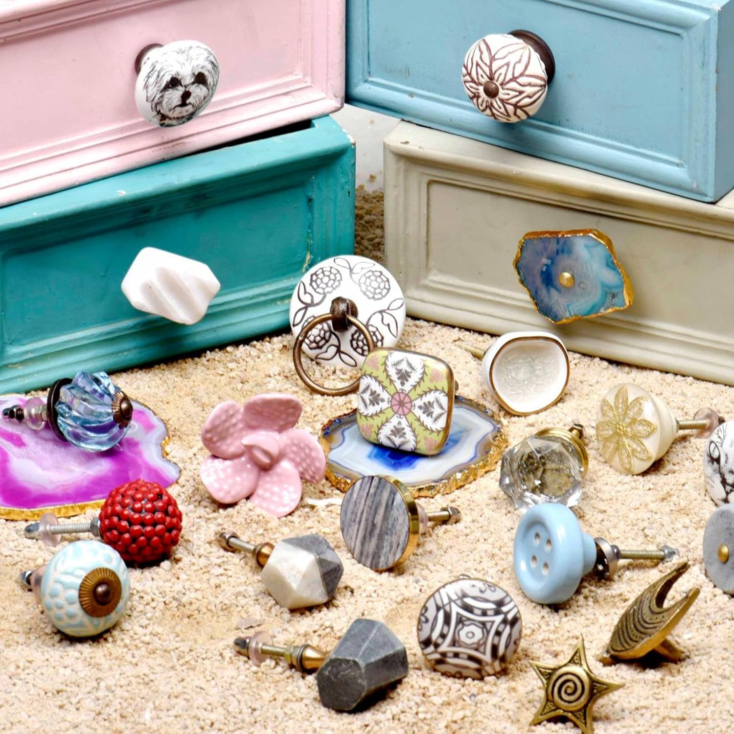 Indian Shelf Handmade 18 Piece T Bar Capsule Oval Stone Brass White Dresser Handles Drawer Pulls Cabinet Knobs Farmhouse Finish