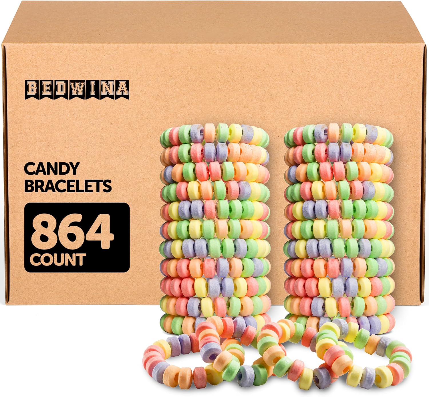 Candy Bracelets - Bulk Case 864 Pcs, Individually Wrapped - 2.5 Inch Candy Jewelry Bracelets, Stretchable, Edible, Colorful Fruit Flavor Rainbow Candies for Novelty Party Favor Supplies & Goodie Bags