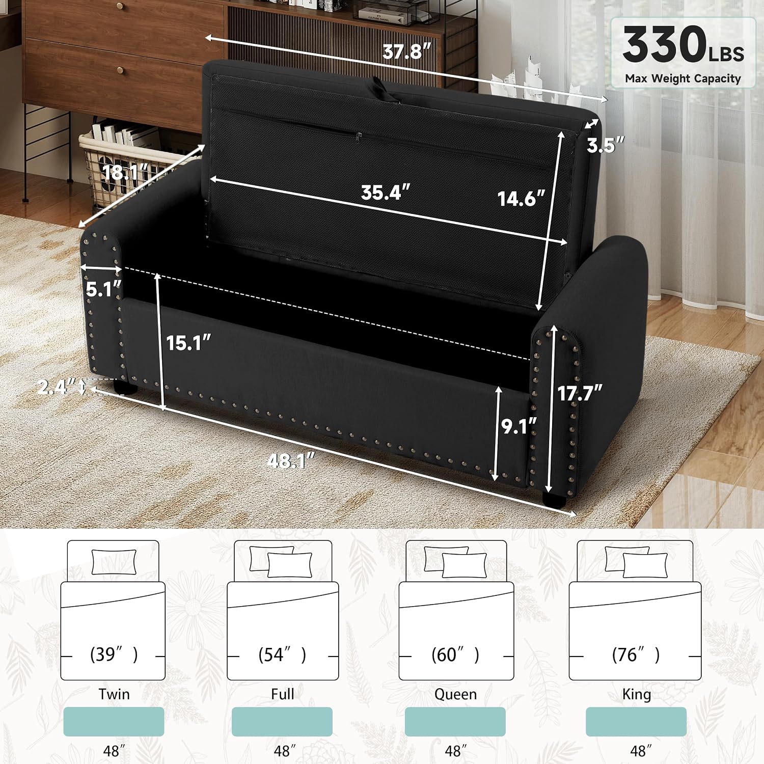 Ottoman with Storage, Tufted Storage Bench for Bedroom, 48' Fabrics End of Bed Bench, Upholstered Entryway Shoe Benches with Rolled Arm & Inner Zipper, Window Ottomans Chest with Rivets, Black