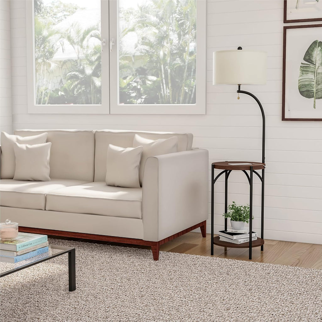 Floor Lamp with End Table - Modern Rustic Side Shelves with USB Charging Port, LED Light Bulb, and Drum-Shaped Shade - Standing Lights by Lavish Home (with Bulb)