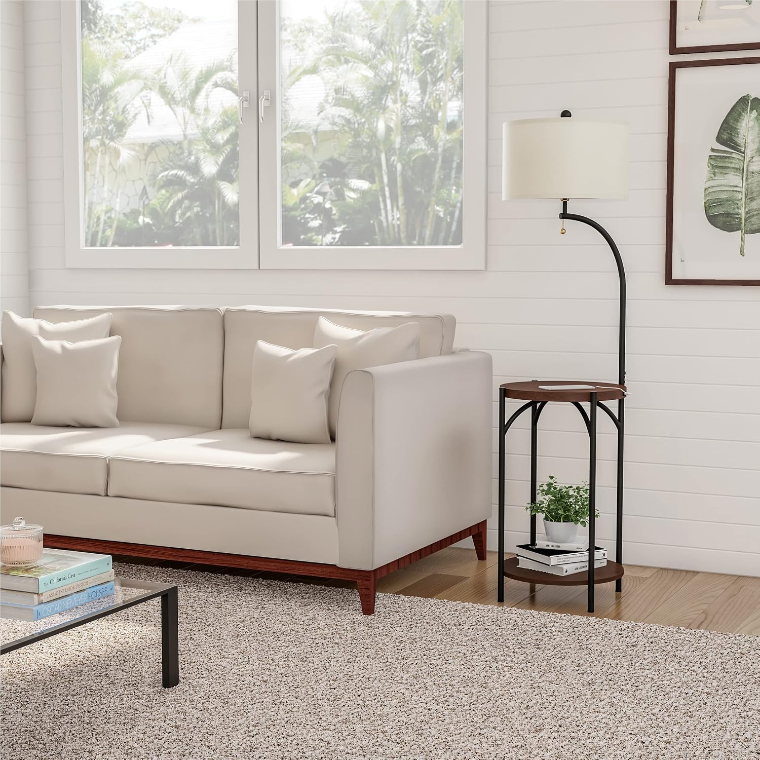 Floor Lamp with End Table - Modern Rustic Side Shelves with USB Charging Port, LED Light Bulb, and Drum-Shaped Shade - Standing Lights by Lavish Home (with Bulb)