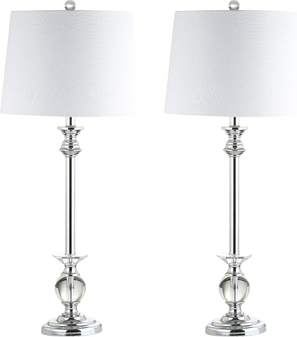 JONATHAN Y 33' Crystal and Chrome LED Table Lamp Set of 2, Contemporary Clear Metal Lamps for Living Room Bedroom, White Linen Drum Shade, LED Bulbs Included, UL Listed JYL2056A-SET2