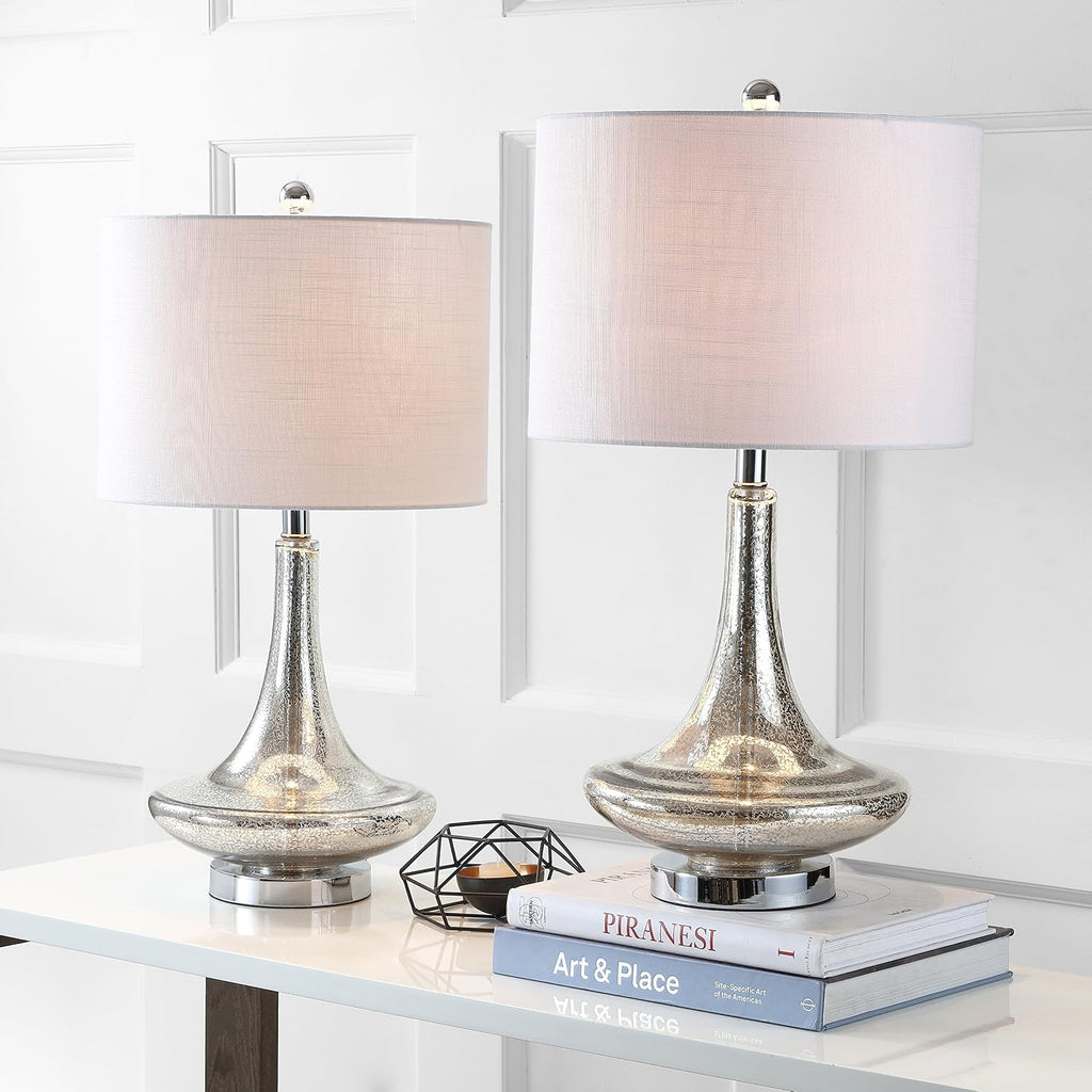 JONATHAN Y 25.5' Mercury Silver Glass Teardrop Table Lamp Set of 2 for Bedroom, Modern Bedside Lamps for Living Room, White Linen Drum Shade, LED Bulbs Included JYL1081A-SET2