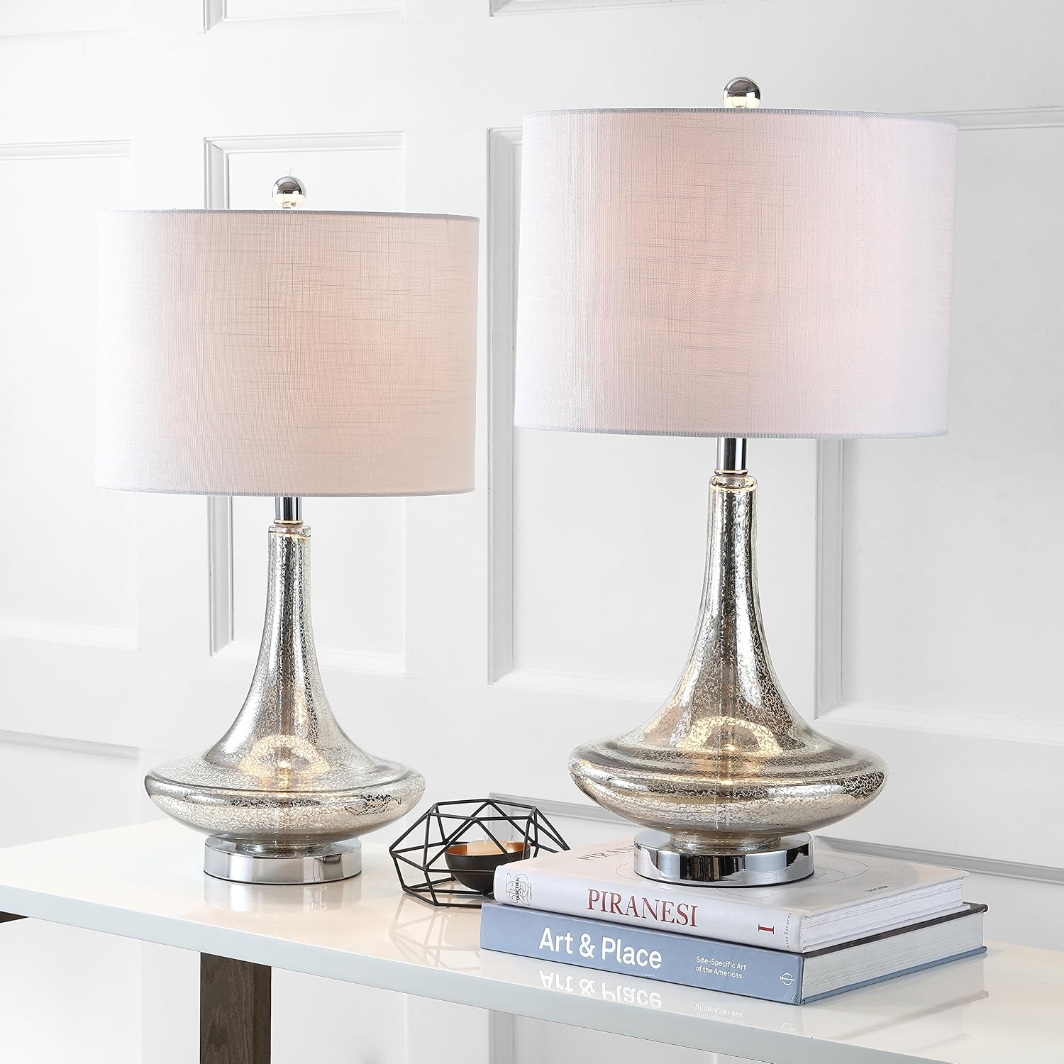 JONATHAN Y 25.5' Mercury Silver Glass Teardrop Table Lamp Set of 2 for Bedroom, Modern Bedside Lamps for Living Room, White Linen Drum Shade, LED Bulbs Included JYL1081A-SET2