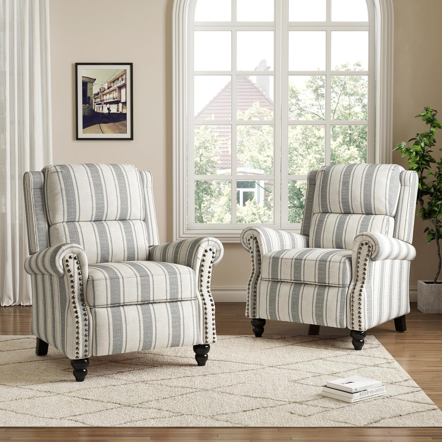 Pushback Recliner Chair, Comfy Fabric Wingback Recliner Chair, Upholstered Armchair Push Back Recliner with Wood Legs, Rivet Trim Single Sofa Accent Chair for Living Room, Bedroom, Gray Stripe