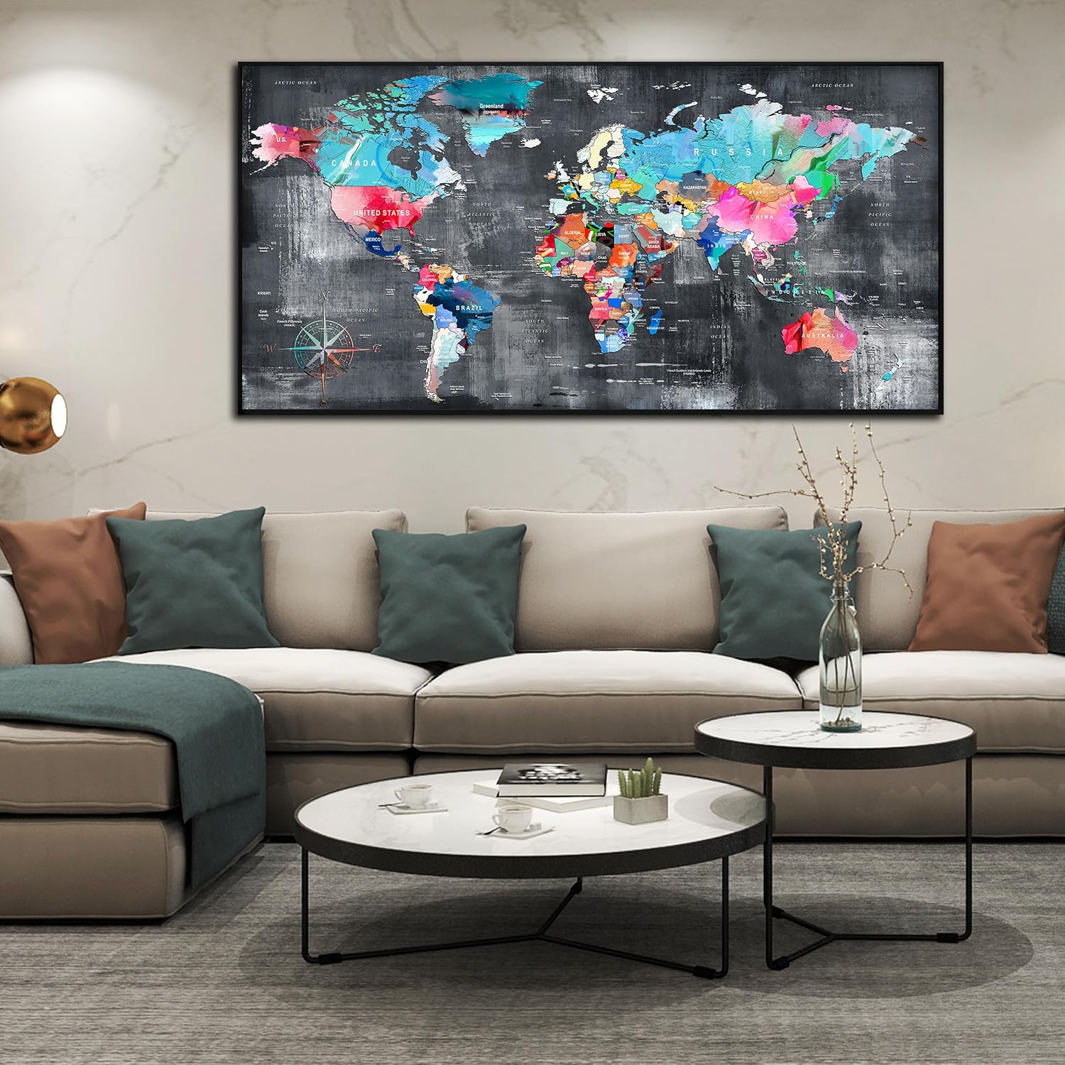 ZHAOSHOP World Map Canvas Wall Art with Frame - Office Artwork Wall Decor - Teal and Gray Wall Art for Living Room Large Size Ready to Hang Size 29' x 59'