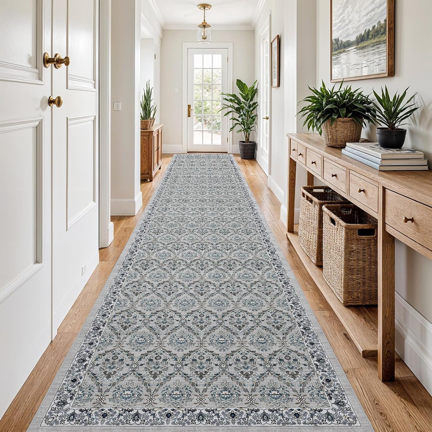 Washable 3x16 Hallway Runner Rug - Soft Kitchen Runner Rugs with Non Slip Rubber Backing Low-Pile Floral Carpet Runners for Bathroom Entryway Laundry Room Home Decor (Grey Blue,3x16)
