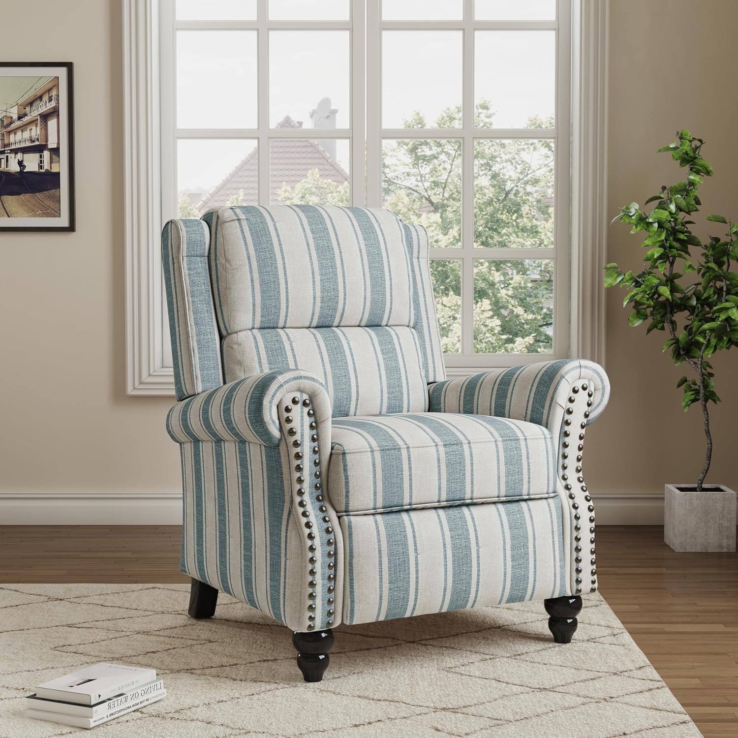 Pushback Recliner Chair, Comfy Fabric Wingback Recliner Chair, Upholstered Armchair Push Back Recliner with Wood Legs, Rivet Trim Single Sofa Accent Chair for Living Room, Bedroom, Blue Stripe