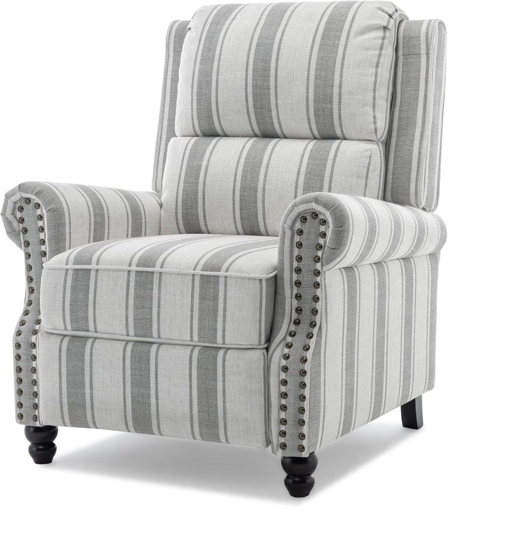Pushback Recliner Chair, Comfy Fabric Wingback Recliner Chair, Upholstered Armchair Push Back Recliner with Wood Legs, Rivet Trim Single Sofa Accent Chair for Living Room, Bedroom, Gray Stripe