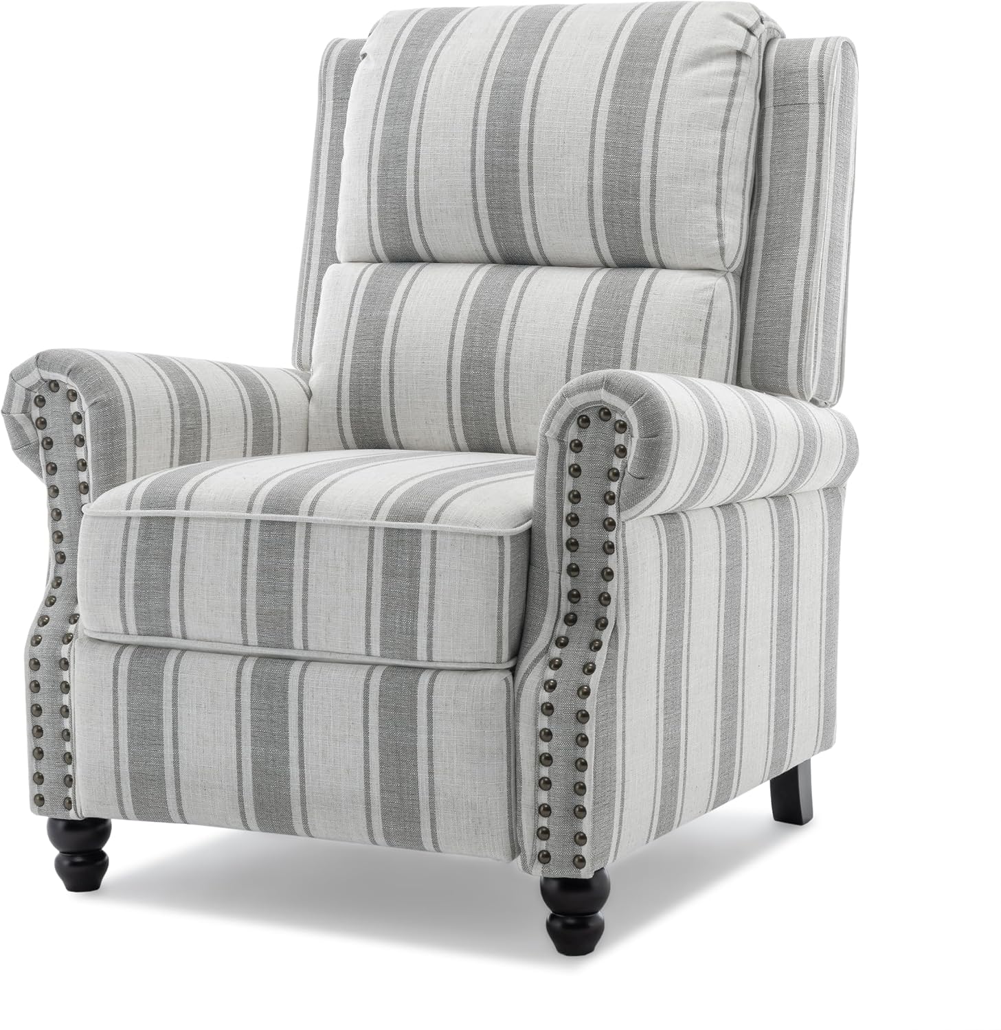 Pushback Recliner Chair, Comfy Fabric Wingback Recliner Chair, Upholstered Armchair Push Back Recliner with Wood Legs, Rivet Trim Single Sofa Accent Chair for Living Room, Bedroom, Gray Stripe