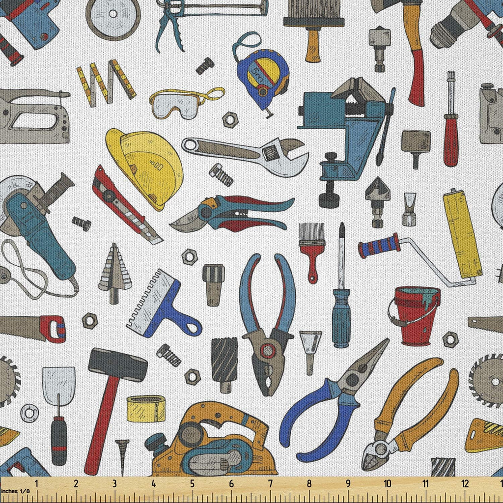 Ambesonne Construction Fabric by The Yard, Repairing Tools with Hammer Jigsaw Pliers Rivet Screwdriver Manly Craft Layout, Microfiber Fabric for Arts and Crafts Textiles & Decor, 10 Yards, Multicolor