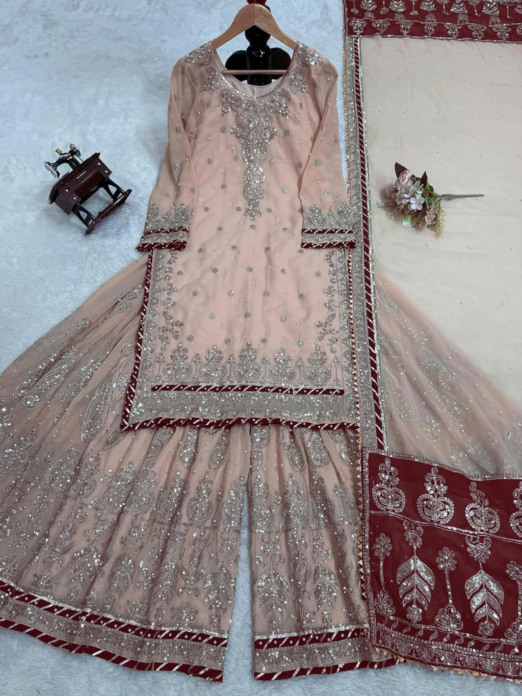 Indian Women's Foux Gorgette Fabric Thread Sequnce Rivet Moti Work Suit 12303