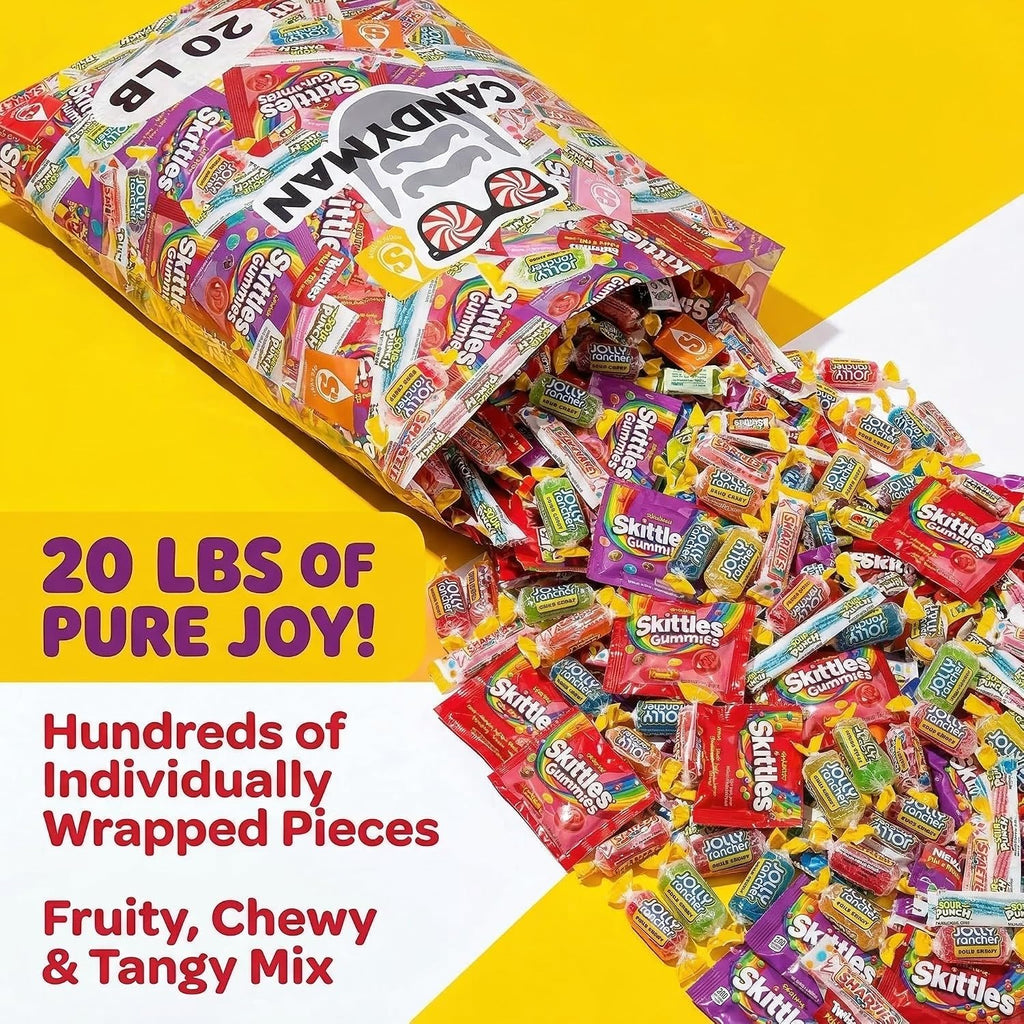 CANDYMAN Assorted Candy Variety Pack 20lbs, Candy Bulk Individually Wrapped, Party Favors Goodie Bags, Pinata Stuffers, Birthday Parties, Father's Day, Ship Cold