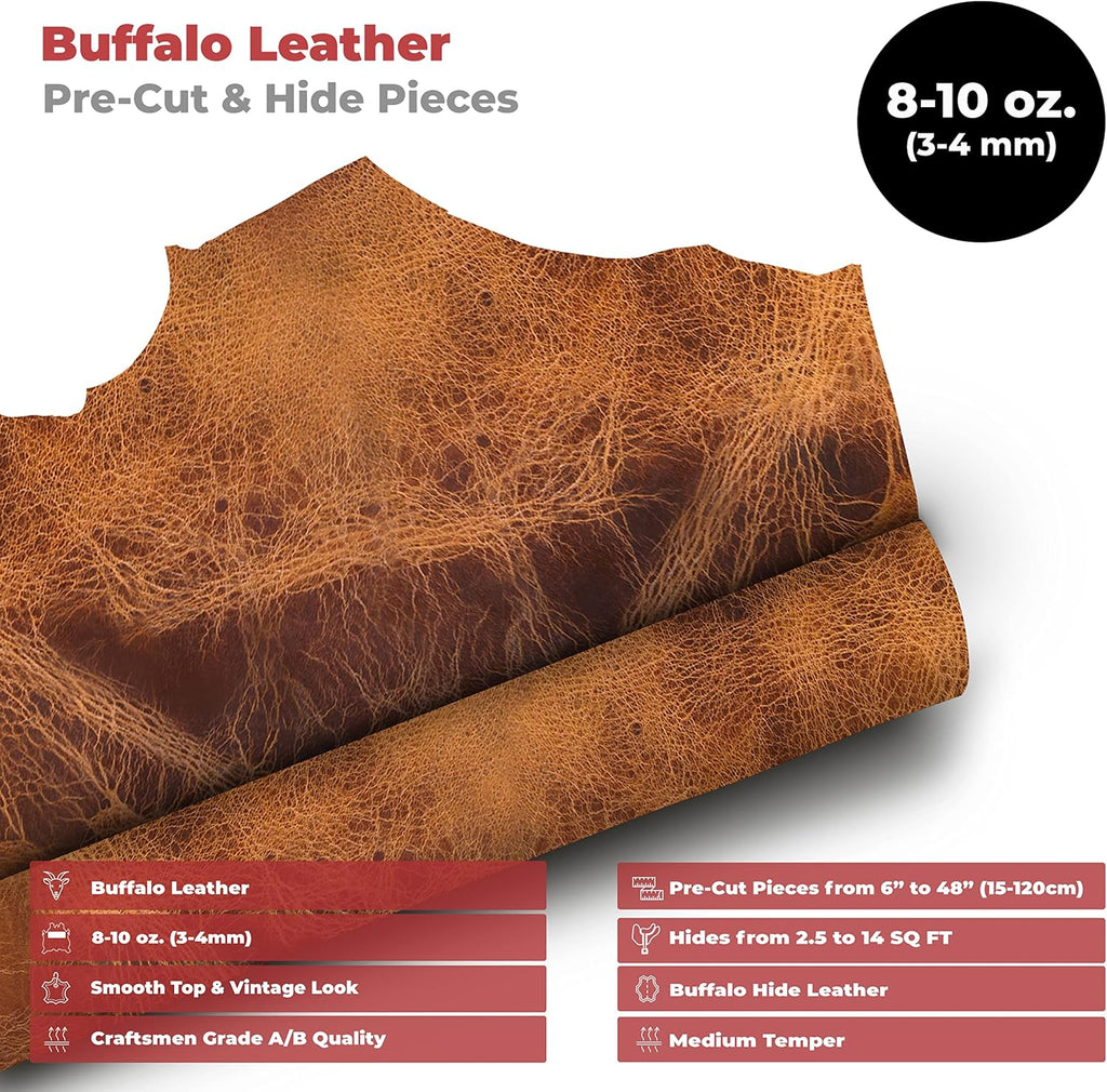 European Leather Work Buffalo Hide 8-10 oz (3-4mm) | Pre-Cut Size: 2 PCS 2.5-4 SQ FT | Vintage Tan - Full Grain Leather for Tooling, Stamping, Molding, Engraving