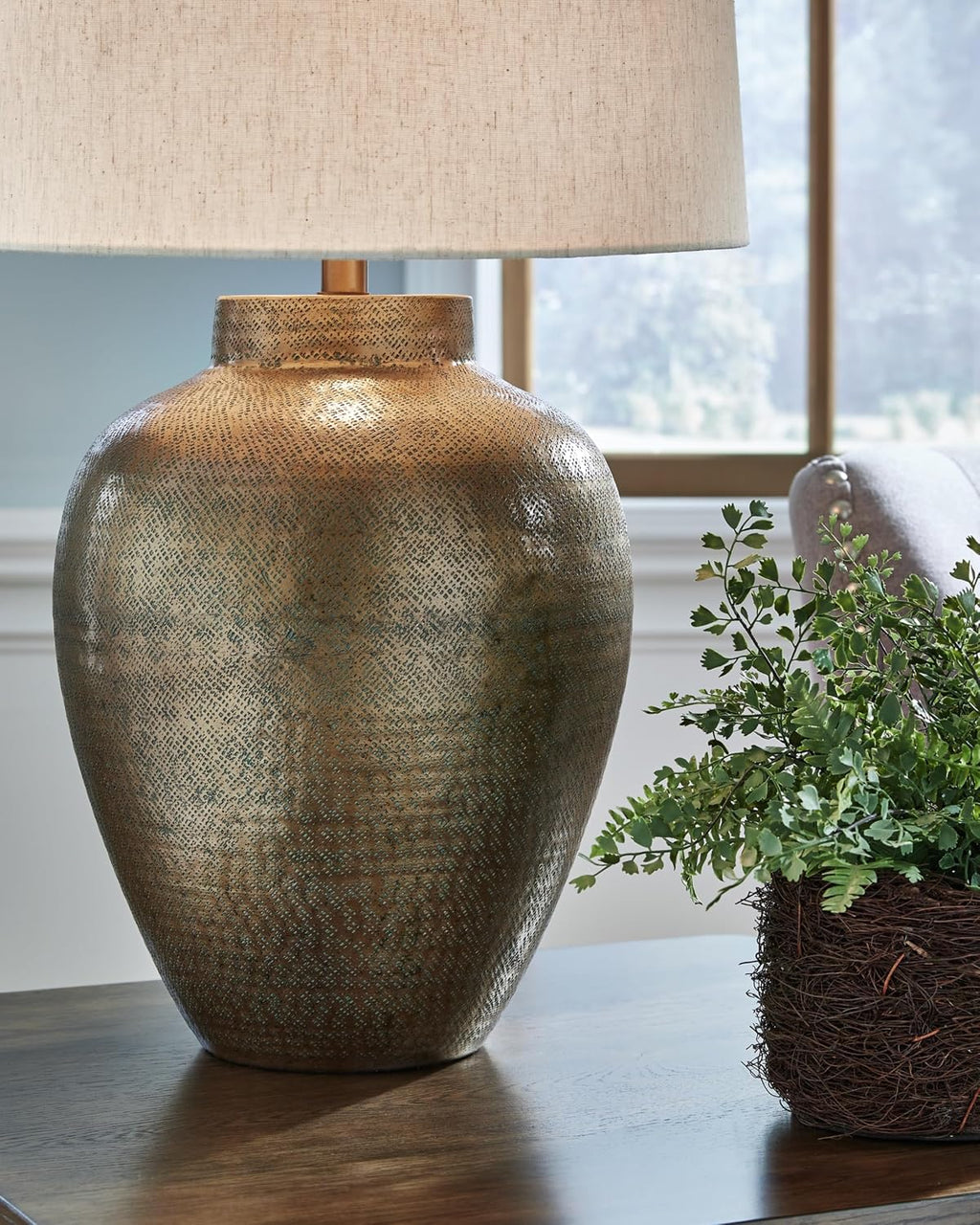 Signature Design by Ashley Madney Contemporary Aluminum Table Lamp with 3-Way Switch, Metallic & Beige