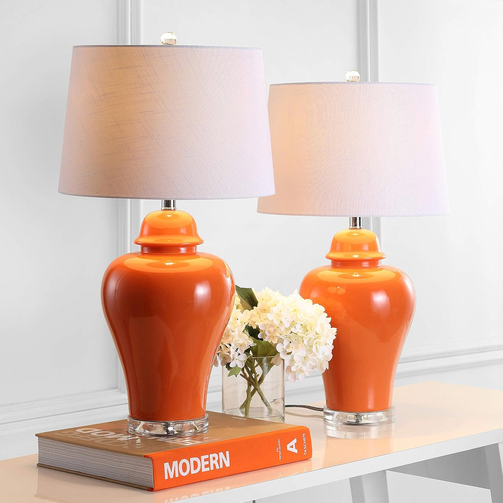 JONATHAN Y 27' Orange Ceramic Urn Table Lamp Set of 2 for Living Room, Bedside Nightstand Lamps for Bedroom, Farmhouse Decor with White Linen Shade, LED Bulbs Included (JYL4020B-SET2)