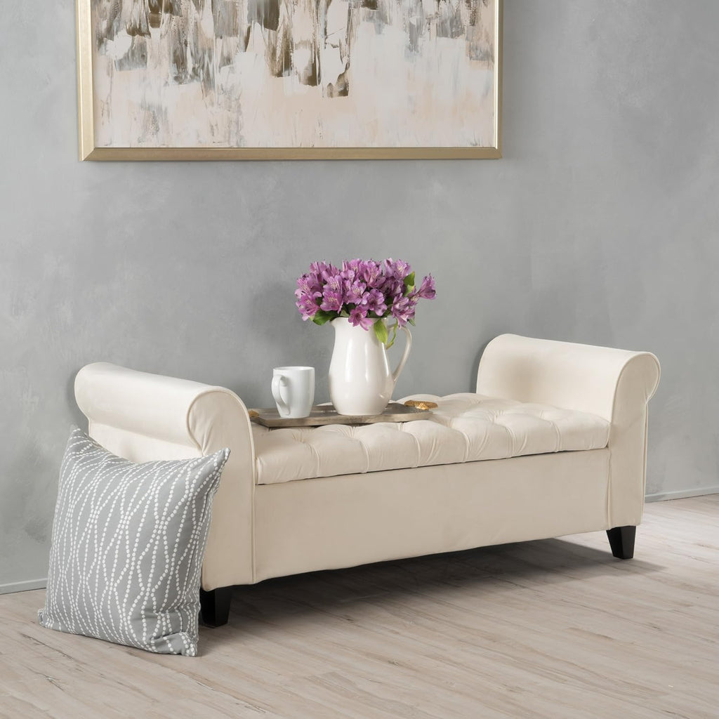 Upholstered Storage Bench, 50-inch Ivory Fabric with Rivet-Trimmed Armrests and Black Legs Bedroom Upholstered Window Seat Bench Storage Bench Suitable for Living Rooms, Bedrooms, and Entryways