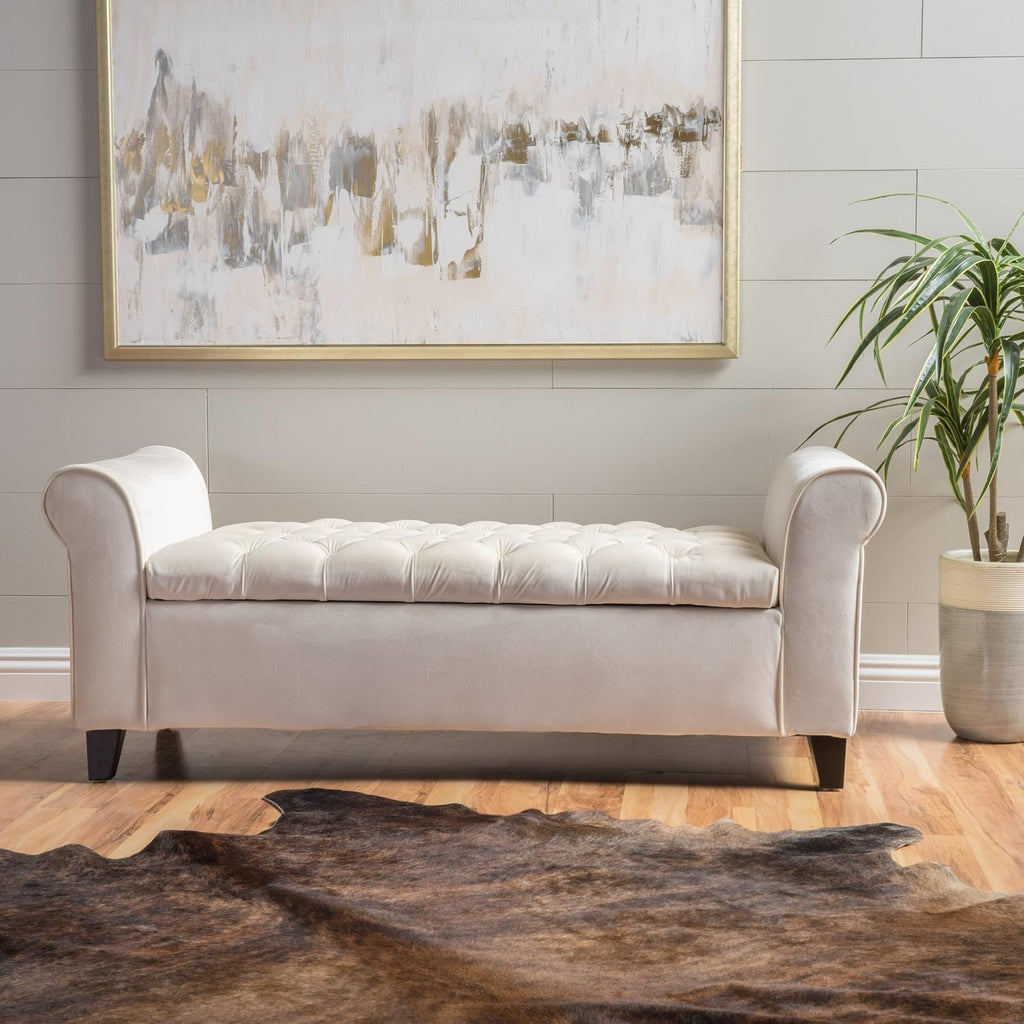 Upholstered Storage Bench, 50-inch Ivory Fabric with Rivet-Trimmed Armrests and Black Legs Bedroom Upholstered Window Seat Bench Storage Bench Suitable for Living Rooms, Bedrooms, and Entryways