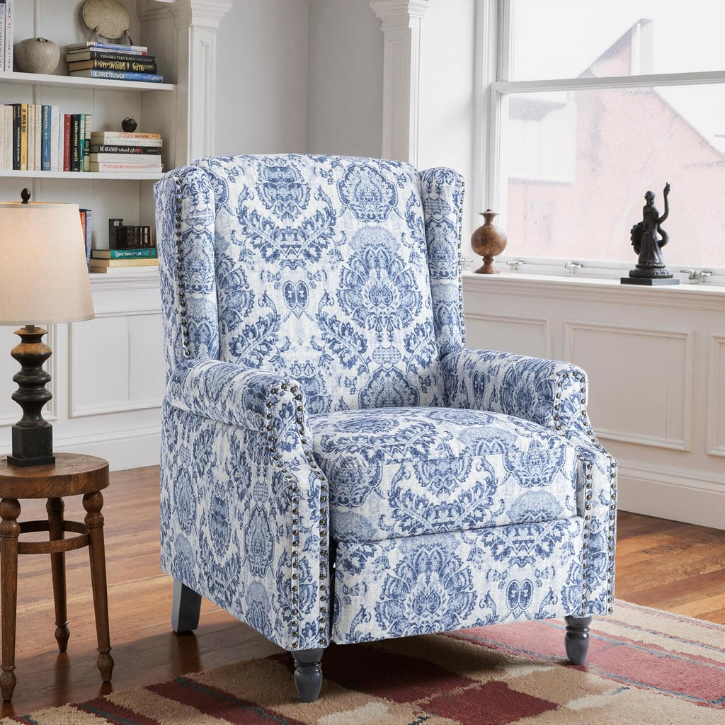 Set of 2 Floral Pushback Recliner Chairs, Fabric Upholstered Rivet Trim Accent Club Chairs for Living Room, Home Theater- Bule Pattern