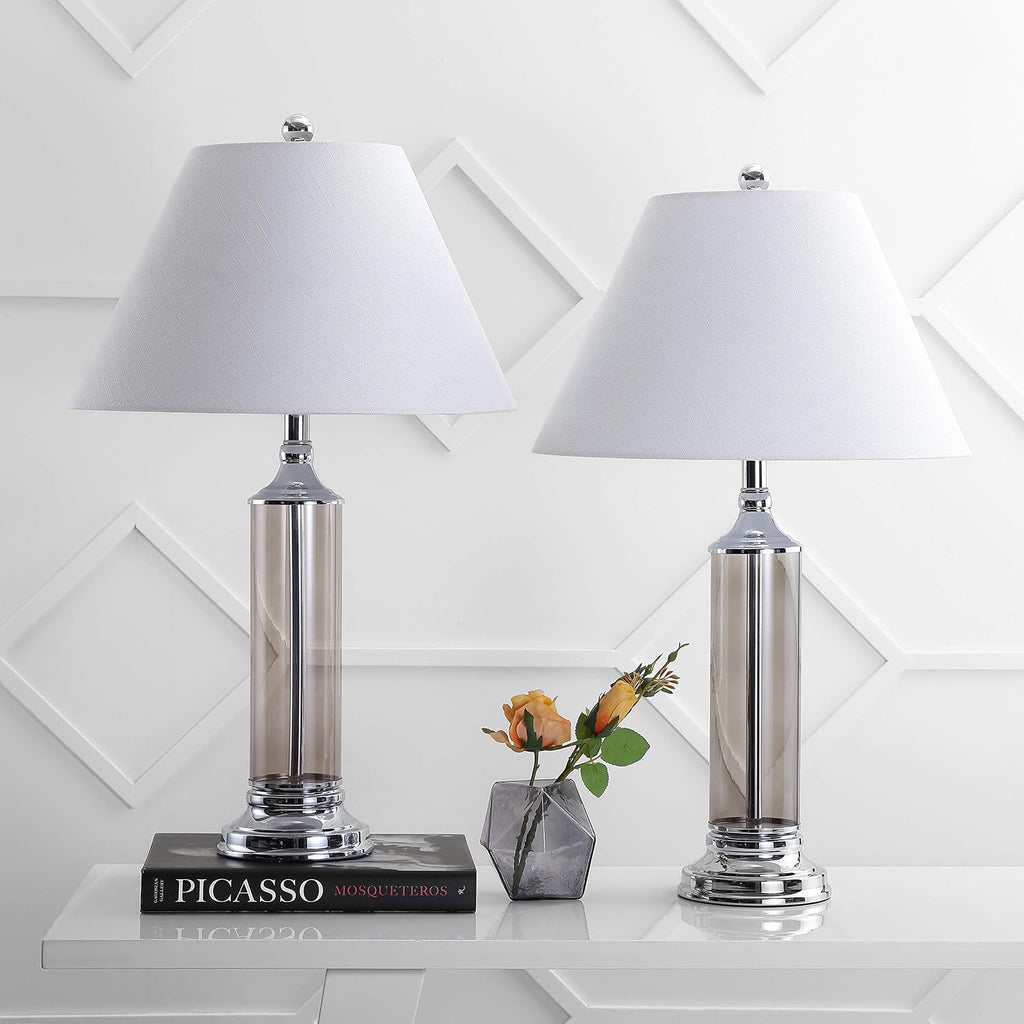 JONATHAN Y 29' Smoked Gray Glass LED Table Lamp Set of 2, Modern Bedside Nightstand Lamps for Living Room Bedroom Office, White Linen Shade, Transitional Decor (JYL4014B-SET2)